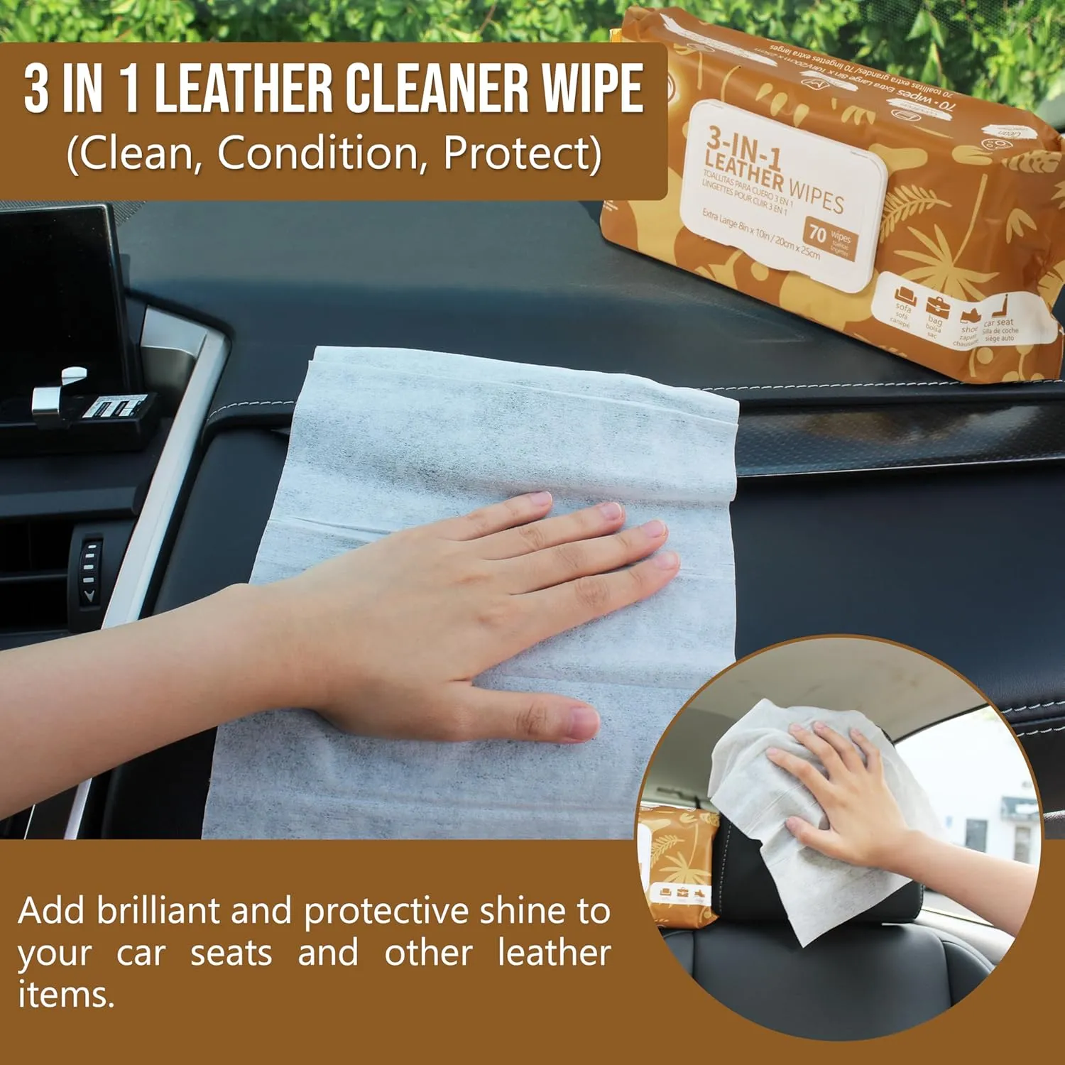 Air Jungles 3in1 Leather Cleaner Wipes 70 Count, Extra Large 8" x 10" Size, Clean Condition Protect Wipes for Vinyl and Leather Apparel Furniture Auto Car Interior Shoes Boots Bags