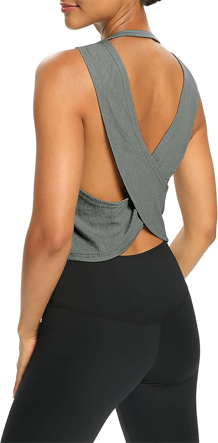 Bestisun Womens Open Back Workout Shirts Cropped Yoga Tank Tops Backless Athletic Clothes