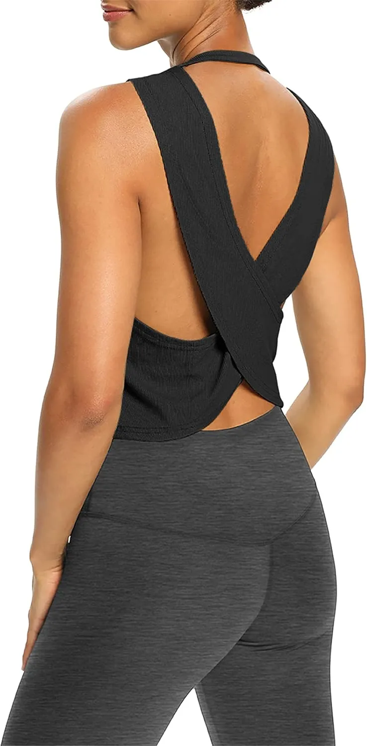 Bestisun Womens Open Back Workout Shirts Cropped Yoga Tank Tops Backless Athletic Clothes