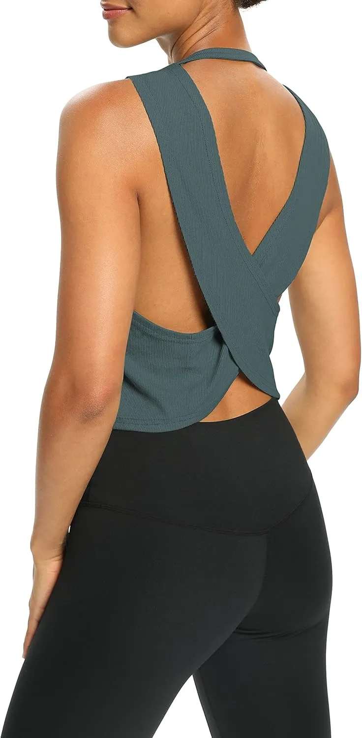 Bestisun Womens Open Back Workout Shirts Cropped Yoga Tank Tops Backless Athletic Clothes