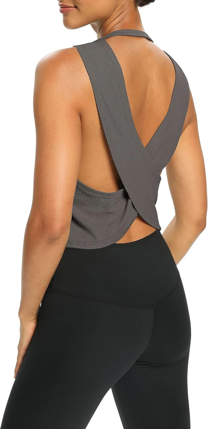 Bestisun Womens Open Back Workout Shirts Cropped Yoga Tank Tops Backless Athletic Clothes