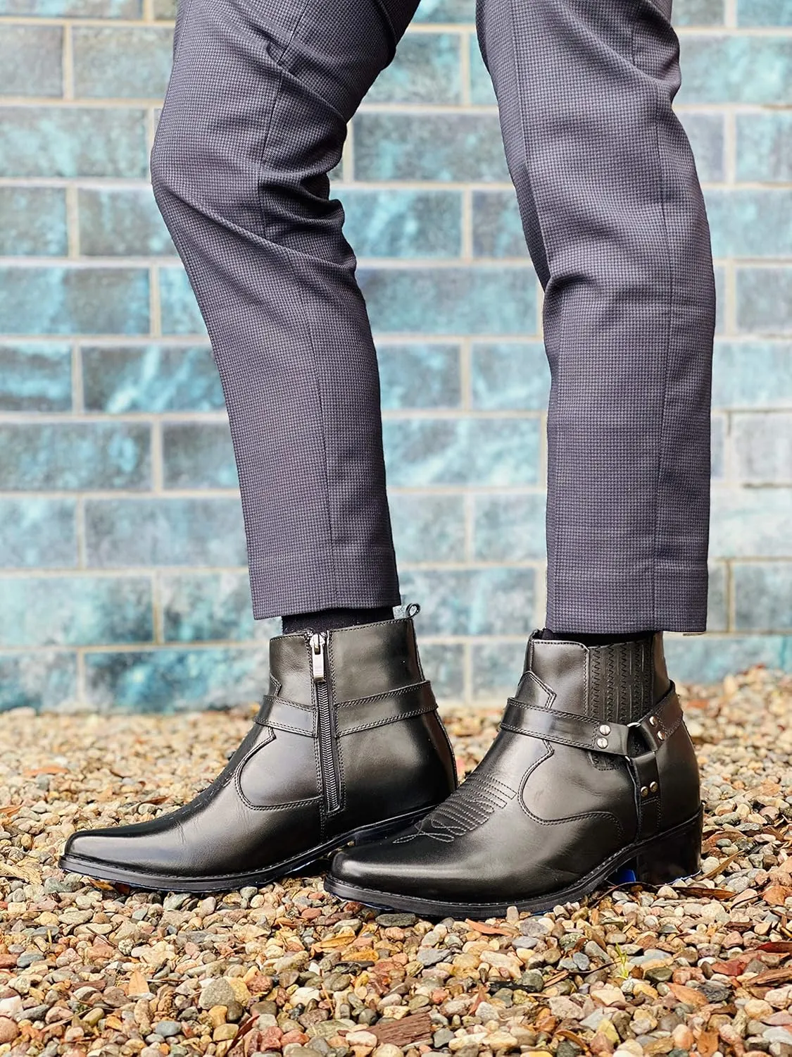 CALTO Men's Invisible Height Increasing Elevator Shoes - Black Premium Leather Cowboy Zipper Boots - 3.3 Inches Taller - T8112 - Size 9 D(M) US