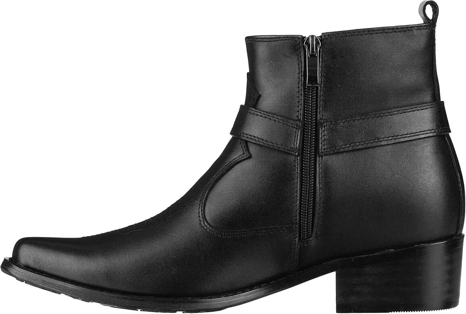 CALTO Men's Invisible Height Increasing Elevator Shoes - Black Premium Leather Cowboy Zipper Boots - 3.3 Inches Taller - T8112 - Size 9 D(M) US