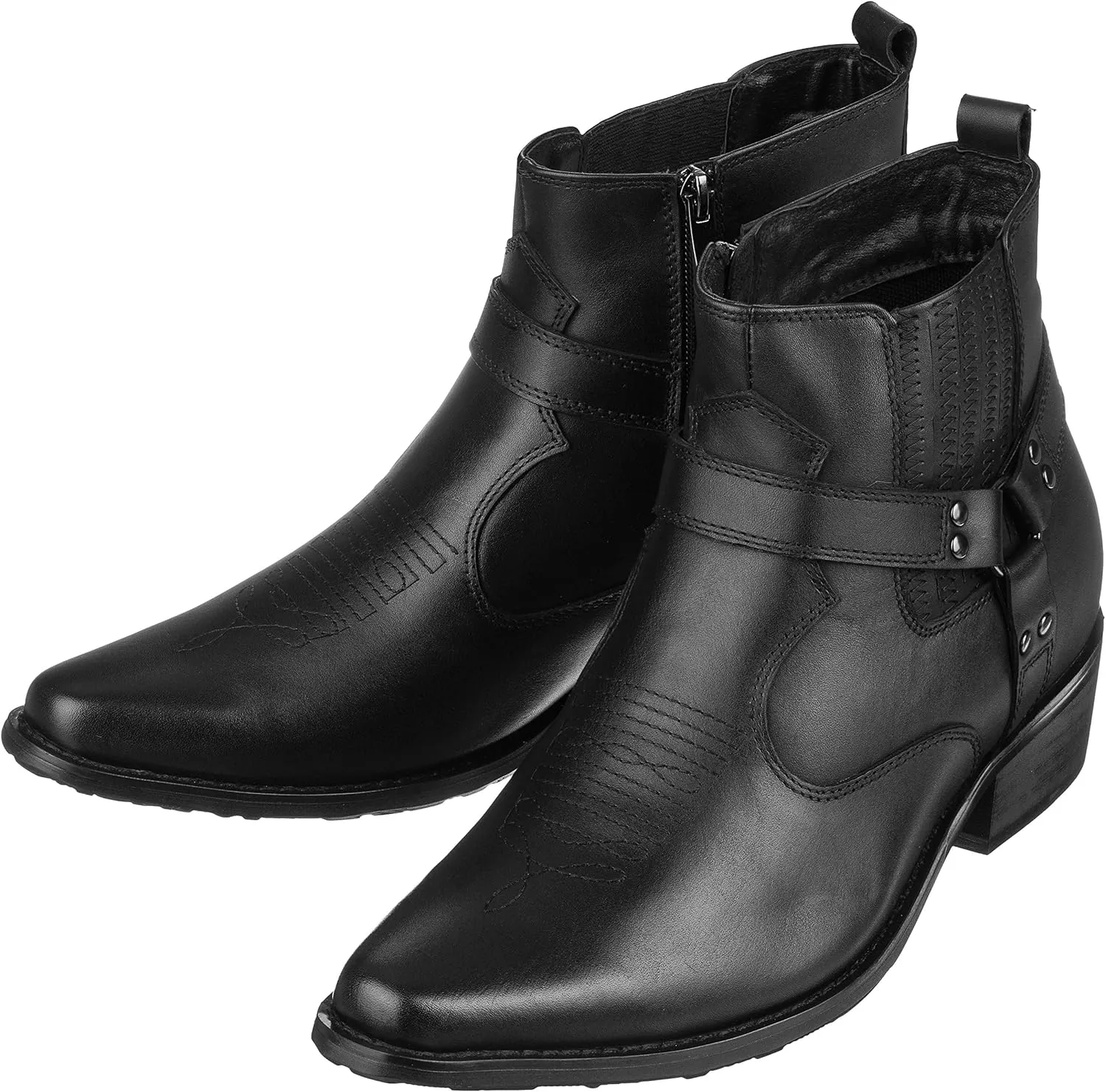 CALTO Men's Invisible Height Increasing Elevator Shoes - Black Premium Leather Cowboy Zipper Boots - 3.3 Inches Taller - T8112 - Size 9 D(M) US