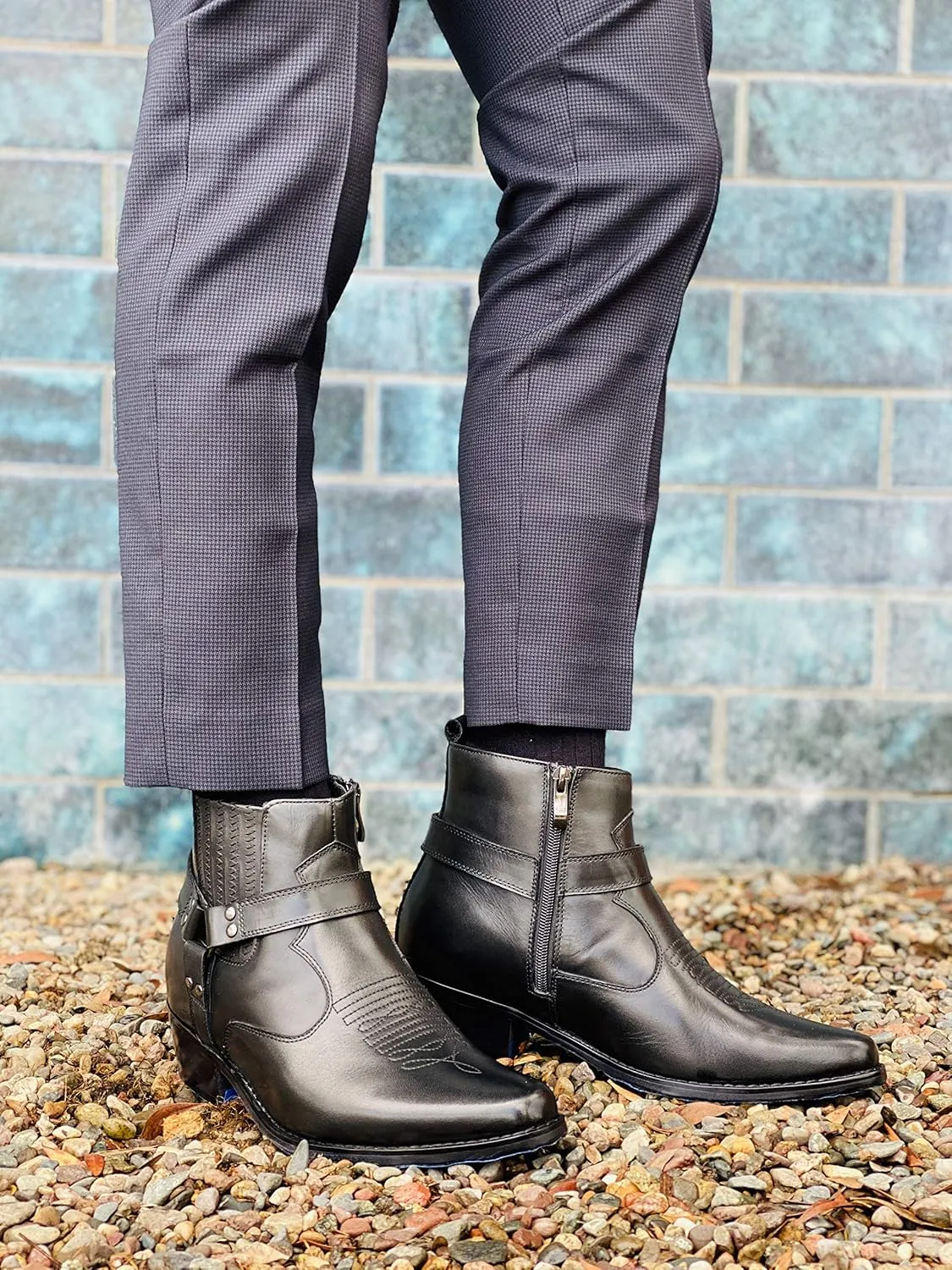 CALTO Men's Invisible Height Increasing Elevator Shoes - Black Premium Leather Cowboy Zipper Boots - 3.3 Inches Taller - T8112 - Size 9 D(M) US