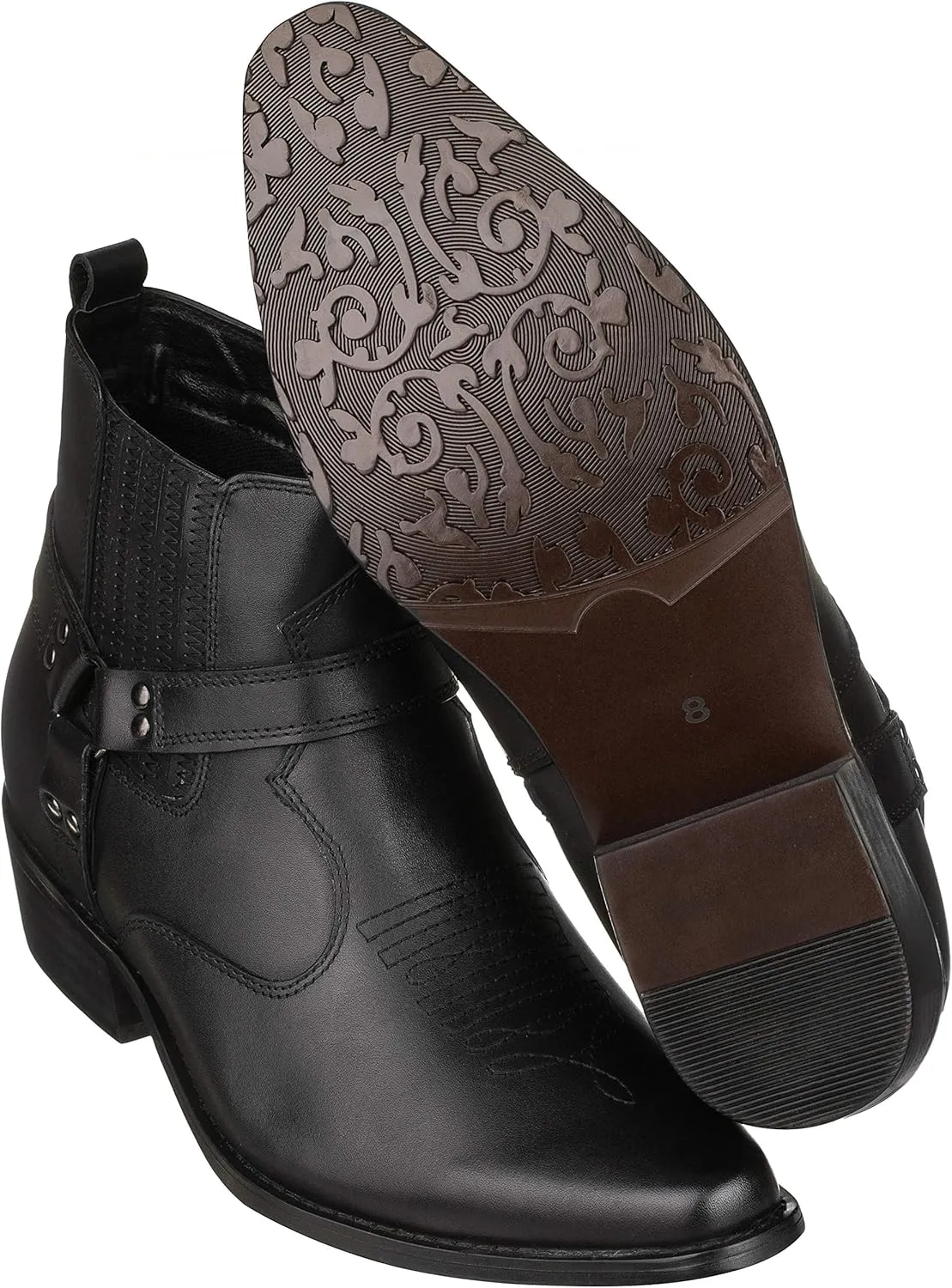 CALTO Men's Invisible Height Increasing Elevator Shoes - Black Premium Leather Cowboy Zipper Boots - 3.3 Inches Taller - T8112 - Size 9 D(M) US