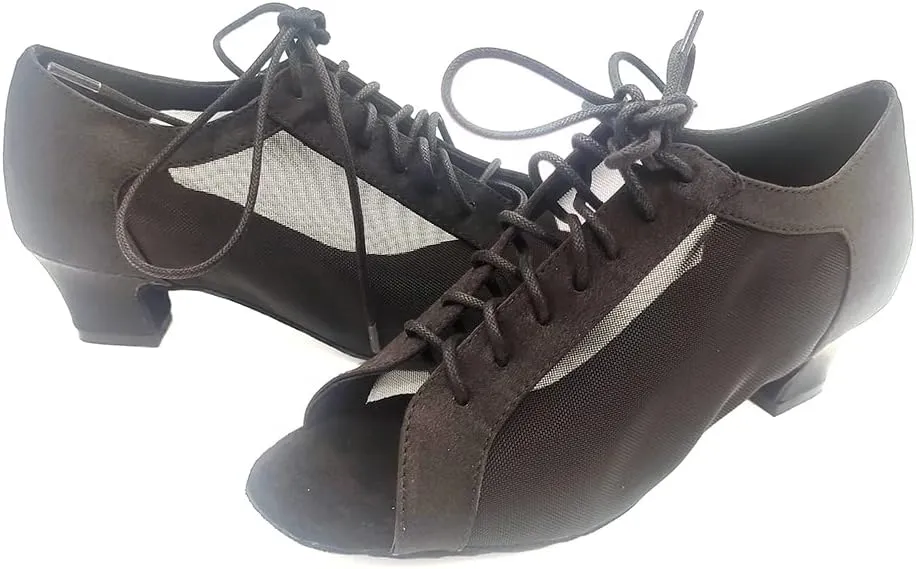 Comfortable Low heel 1.5" Black Khaki Professional Latin Ballroom Dance Shoes Women L-030