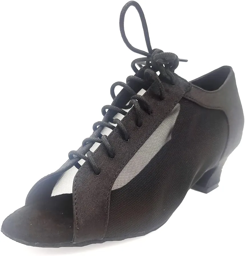 Comfortable Low heel 1.5" Black Khaki Professional Latin Ballroom Dance Shoes Women L-030
