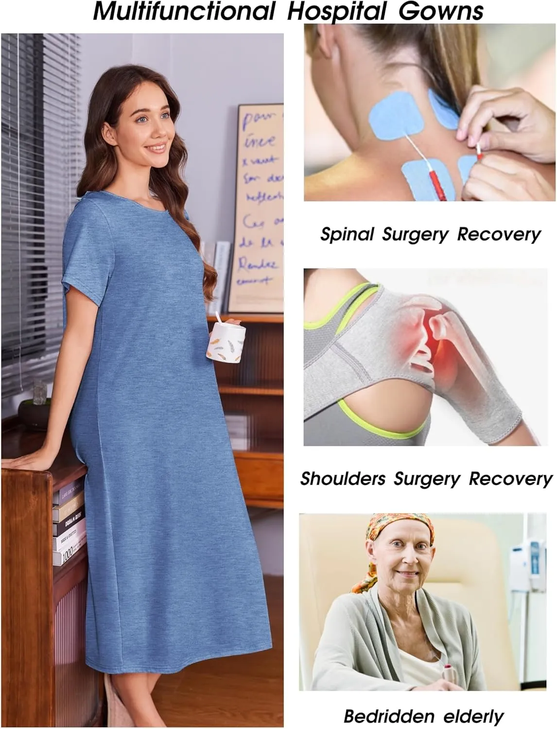 Deyeek Open Back Hospital Gowns for Women Post Shoulder Surgery Dress Adaptive Clothing Night Robes for Spinal Recovery