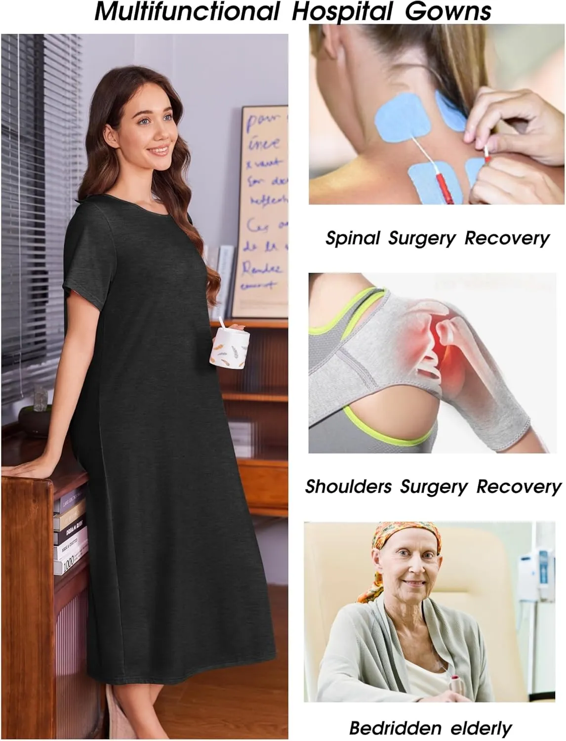 Deyeek Open Back Hospital Gowns for Women Post Shoulder Surgery Dress Adaptive Clothing Night Robes for Spinal Recovery