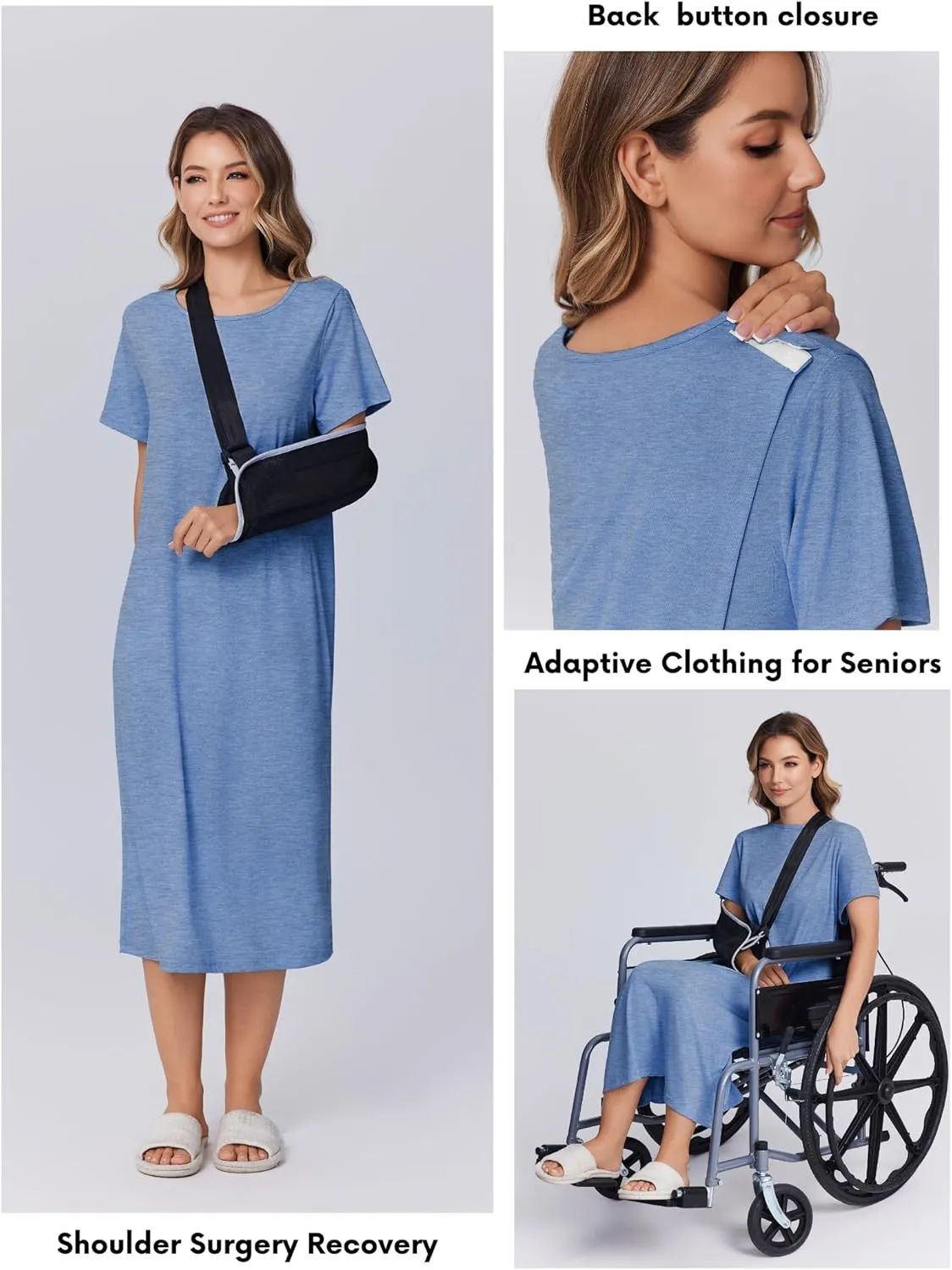 Deyeek Open Back Hospital Gowns for Women Post Shoulder Surgery Dress Adaptive Clothing Night Robes for Spinal Recovery