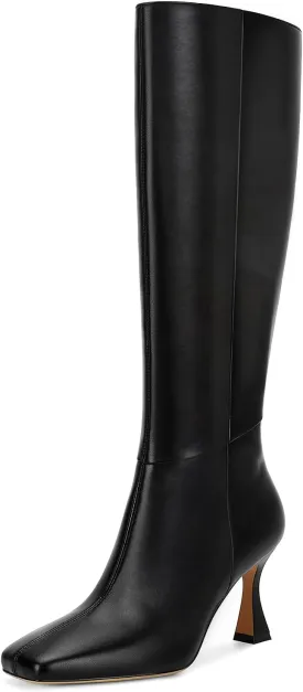 Dsevht Black Leather Knee High Boots for Women Stiletto Kitten Heeled Sexy Boots Square Toe and Side Zipper Design Fashion Dress Boots