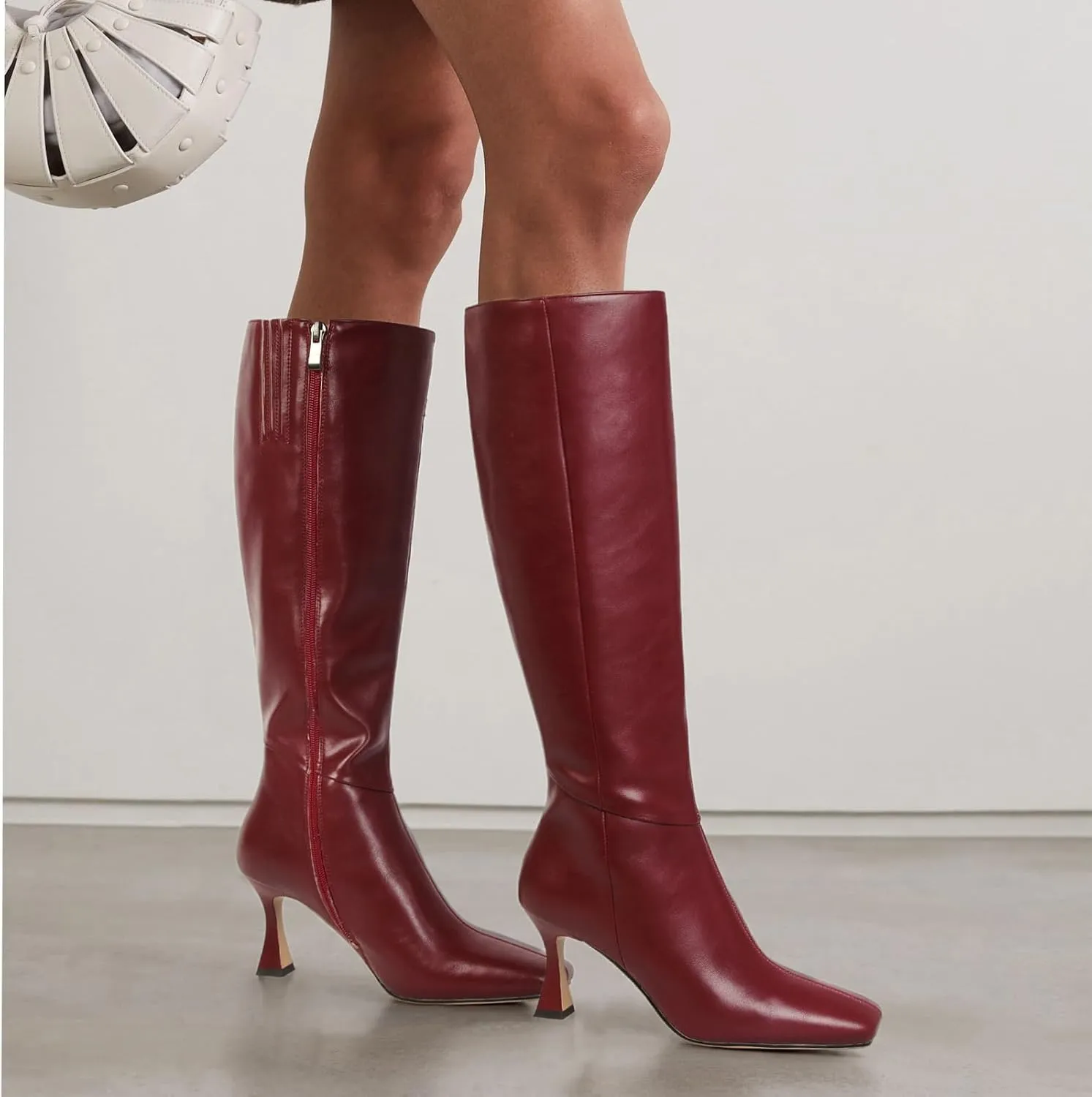 Dsevht Black Leather Knee High Boots for Women Stiletto Kitten Heeled Sexy Boots Square Toe and Side Zipper Design Fashion Dress Boots