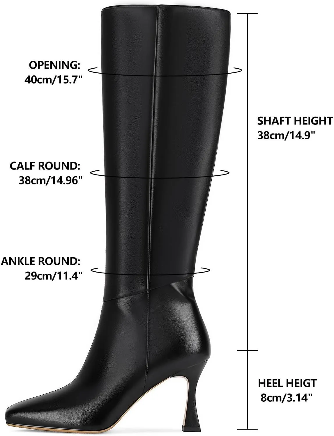 Dsevht Black Leather Knee High Boots for Women Stiletto Kitten Heeled Sexy Boots Square Toe and Side Zipper Design Fashion Dress Boots