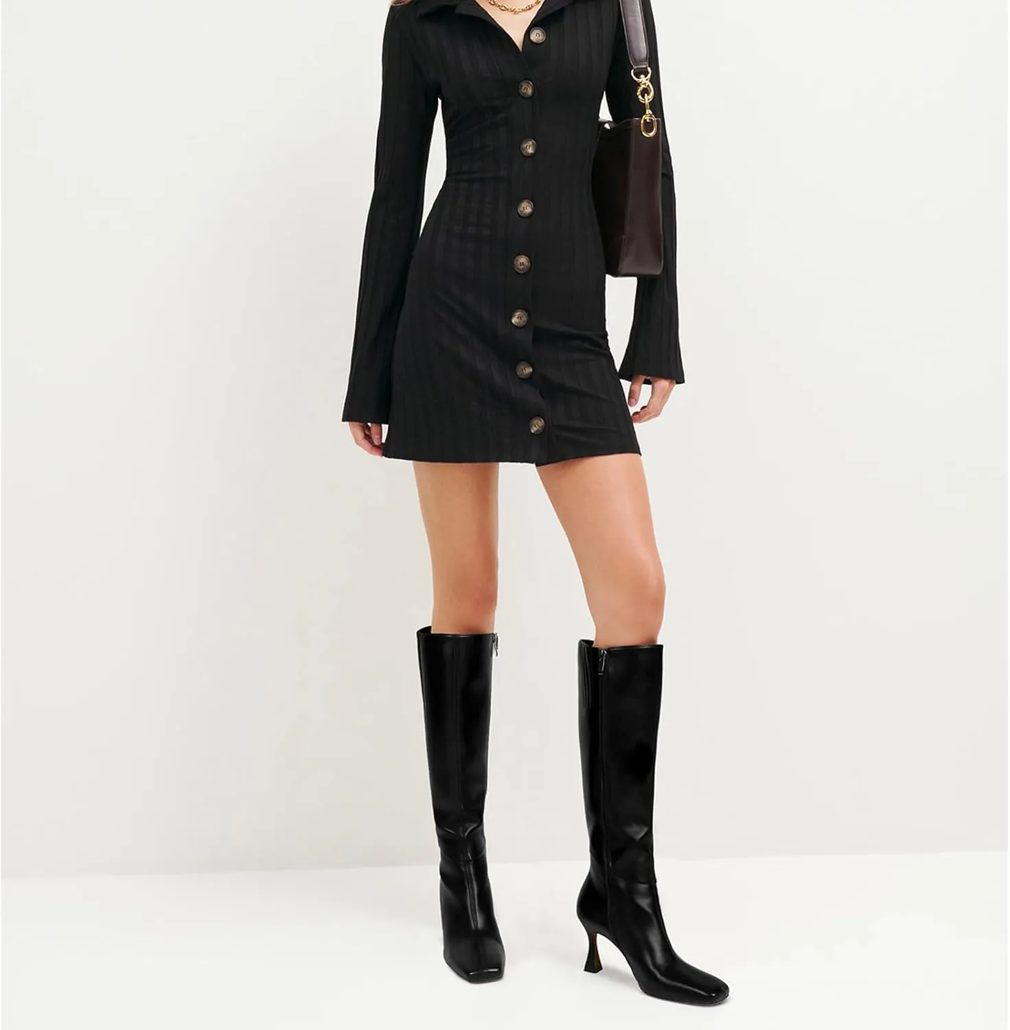 Dsevht Black Leather Knee High Boots for Women Stiletto Kitten Heeled Sexy Boots Square Toe and Side Zipper Design Fashion Dress Boots