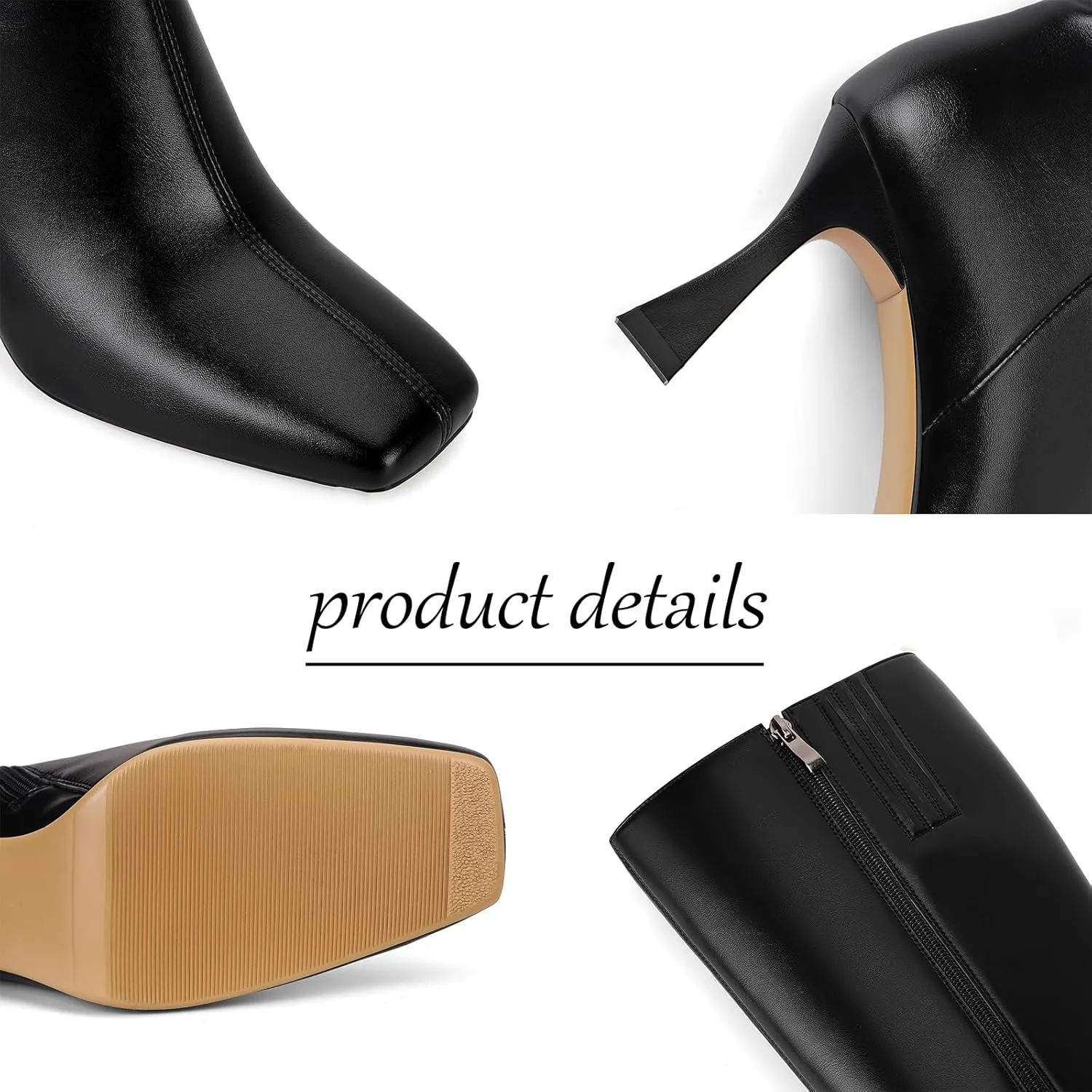 Dsevht Black Leather Knee High Boots for Women Stiletto Kitten Heeled Sexy Boots Square Toe and Side Zipper Design Fashion Dress Boots