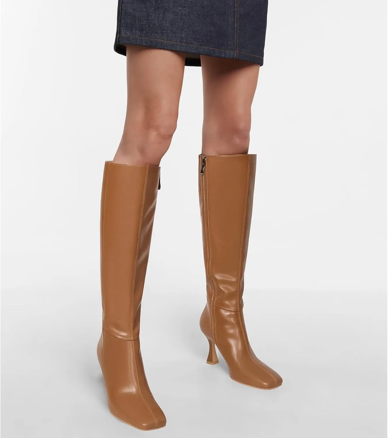 Dsevht Black Leather Knee High Boots for Women Stiletto Kitten Heeled Sexy Boots Square Toe and Side Zipper Design Fashion Dress Boots
