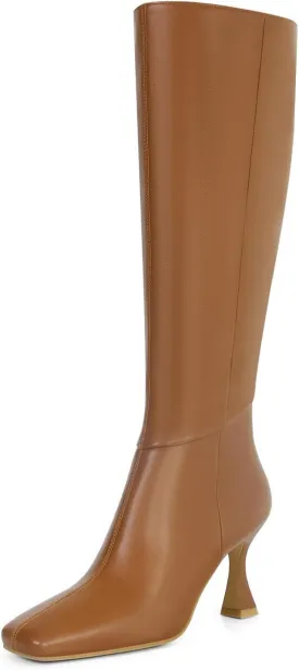 Dsevht Black Leather Knee High Boots for Women Stiletto Kitten Heeled Sexy Boots Square Toe and Side Zipper Design Fashion Dress Boots