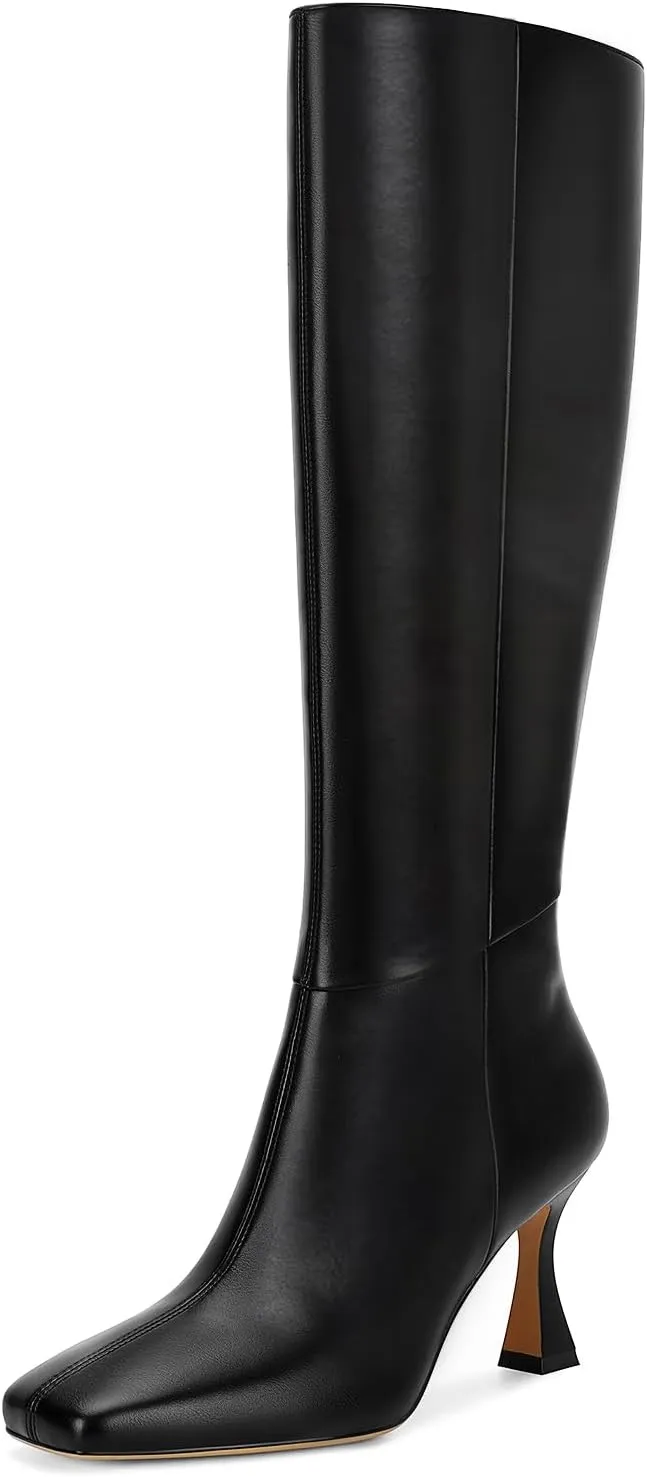 Dsevht Black Leather Knee High Boots for Women Stiletto Kitten Heeled Sexy Boots Square Toe and Side Zipper Design Fashion Dress Boots