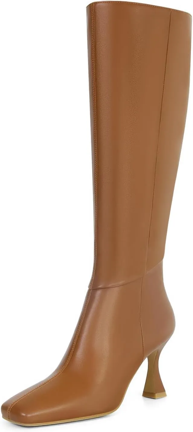 Dsevht Black Leather Knee High Boots for Women Stiletto Kitten Heeled Sexy Boots Square Toe and Side Zipper Design Fashion Dress Boots