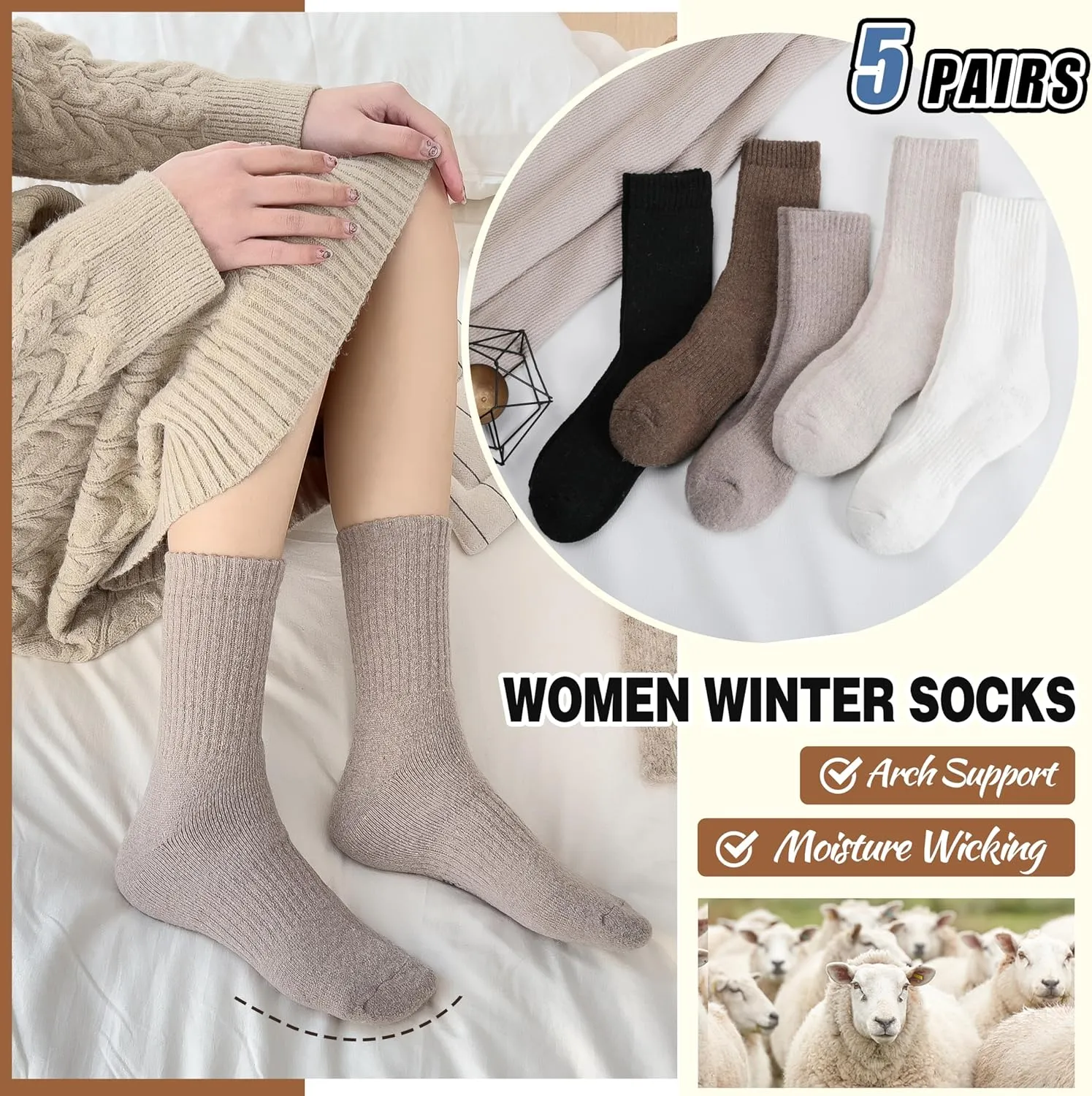 EBMORE 5 Pairs Women Merino Wool Socks Thermal Hiking Winter Warm Thick Cozy Cabin Crew Comfy Socks for Ladies