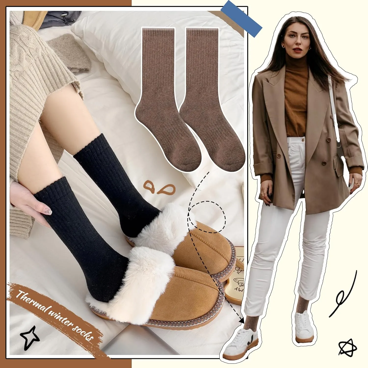 EBMORE 5 Pairs Women Merino Wool Socks Thermal Hiking Winter Warm Thick Cozy Cabin Crew Comfy Socks for Ladies