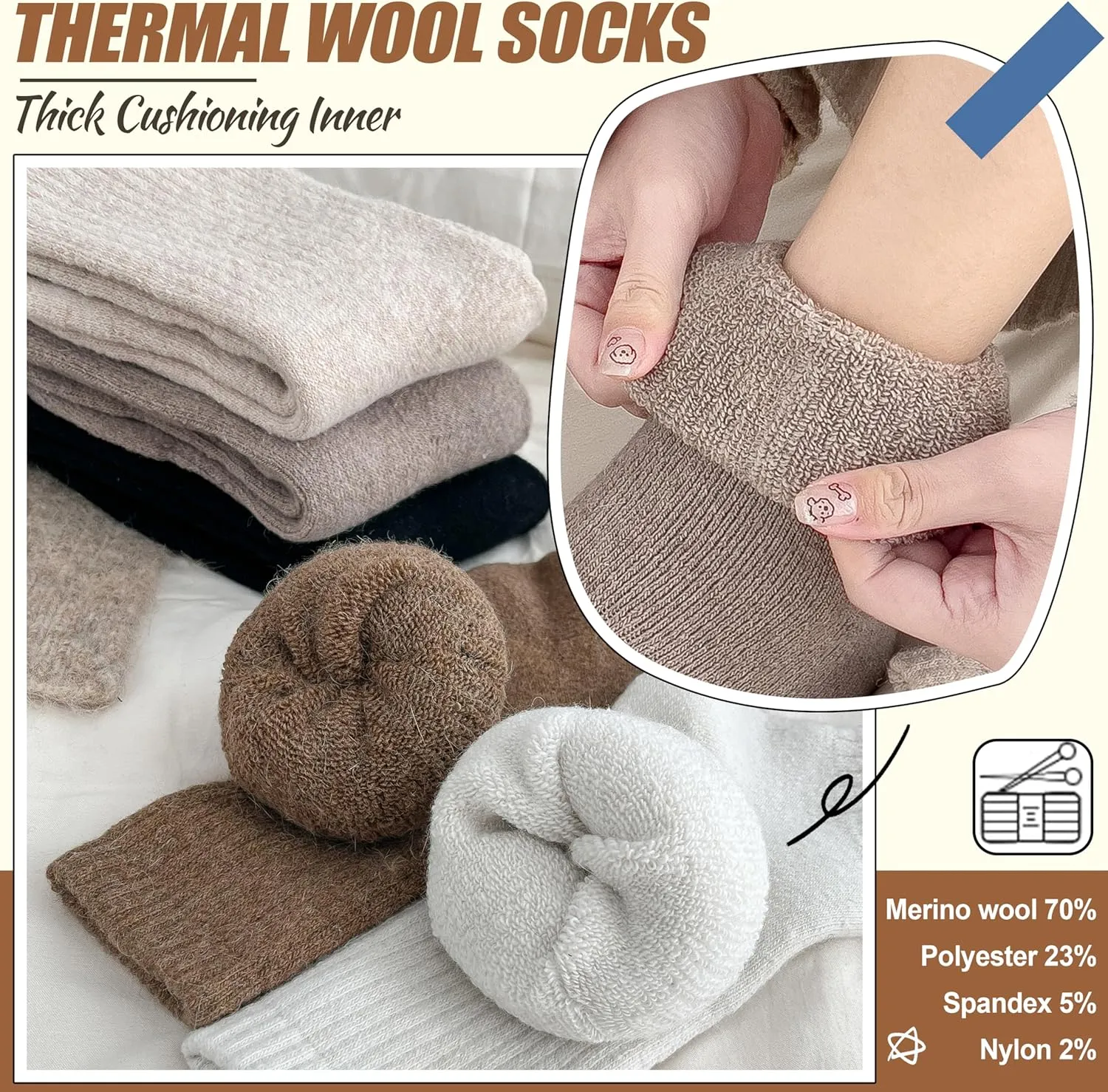 EBMORE 5 Pairs Women Merino Wool Socks Thermal Hiking Winter Warm Thick Cozy Cabin Crew Comfy Socks for Ladies