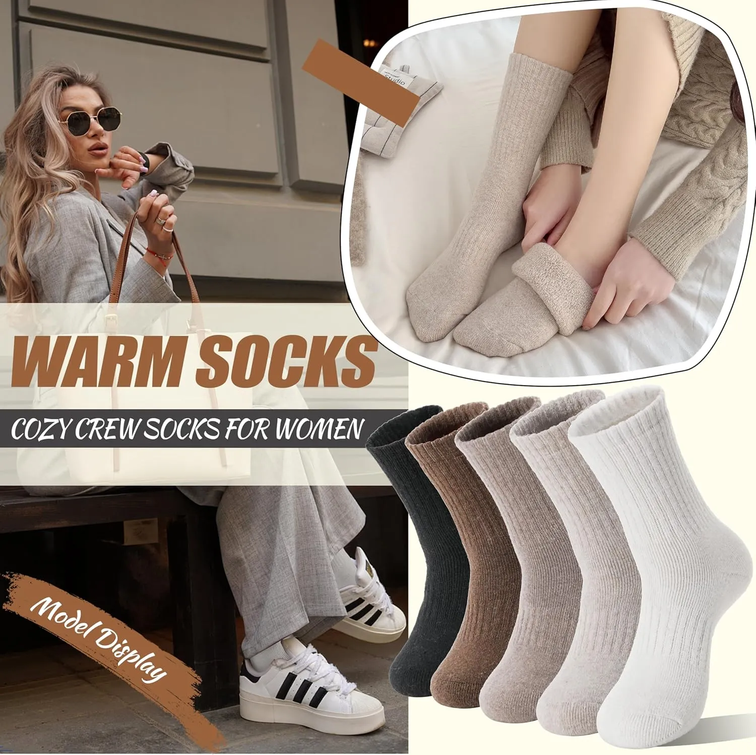EBMORE 5 Pairs Women Merino Wool Socks Thermal Hiking Winter Warm Thick Cozy Cabin Crew Comfy Socks for Ladies