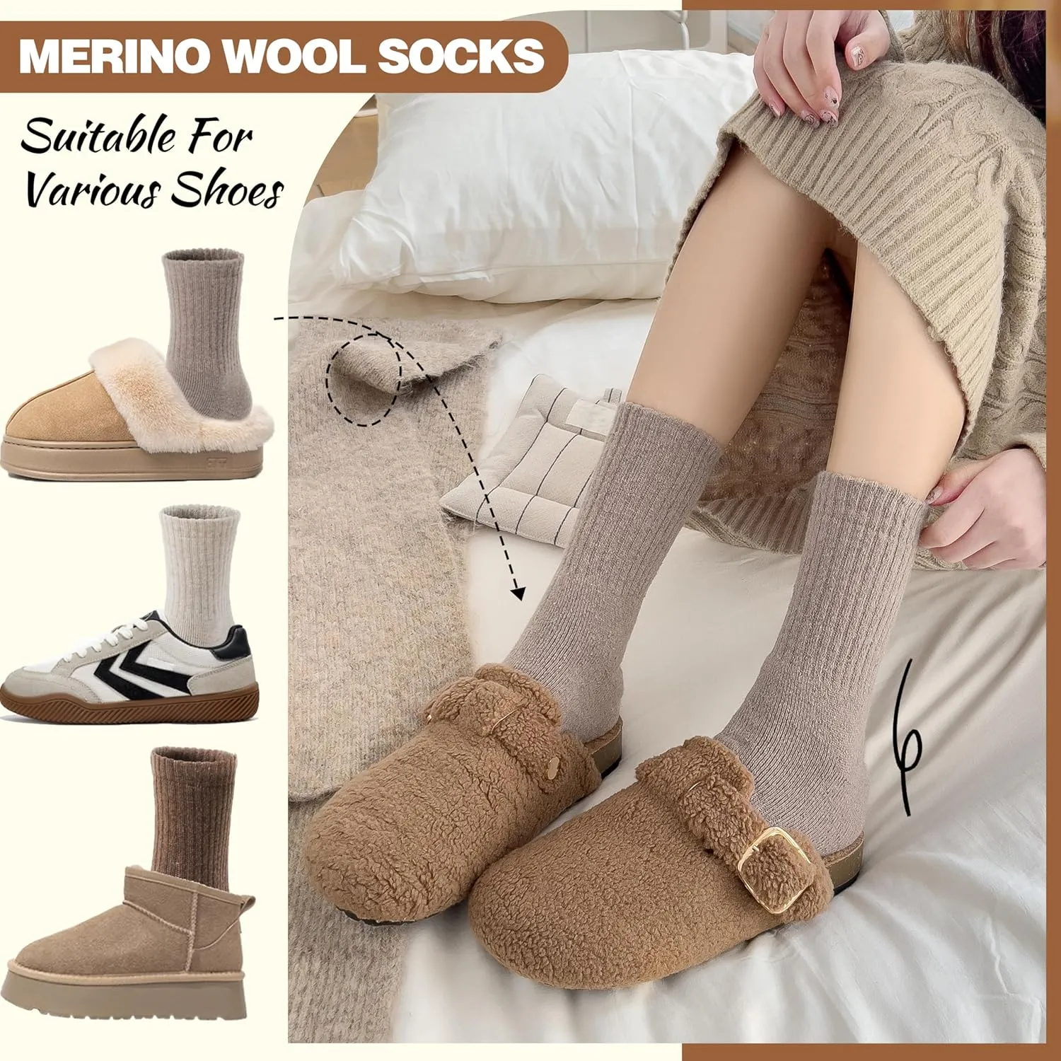 EBMORE 5 Pairs Women Merino Wool Socks Thermal Hiking Winter Warm Thick Cozy Cabin Crew Comfy Socks for Ladies