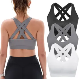 FITTIN Padded Sports Bras for Women: Support Strappy Adjustable Straps Cross Back Sport Bra Pack for Workout Yoga Running Gym
