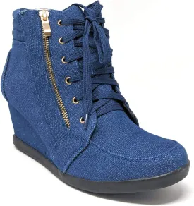 Forever Link Kaipo-88 Women's Fashion Round Toe Lace Up Hidden Wedge Sneaker Booties