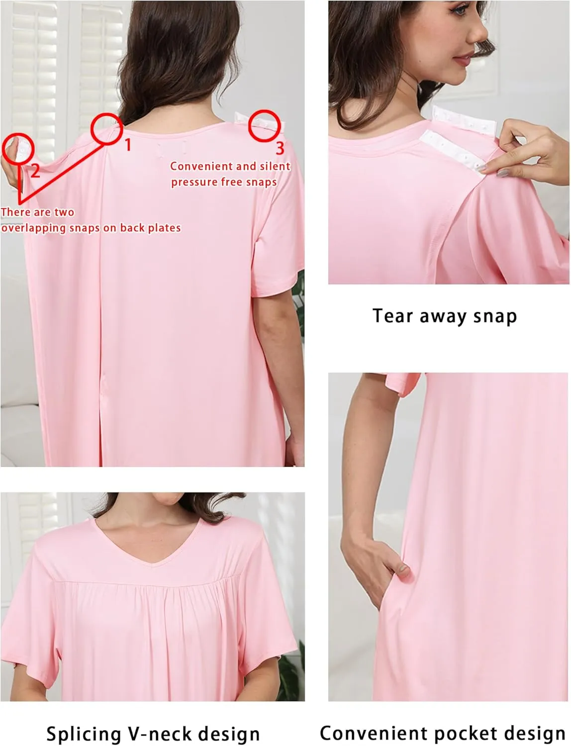 Hospital Gowns for Women Open Back Tear Away Snap Post shoulder Dress Short Sleeve Soft Adaptive Clothing with Pockets