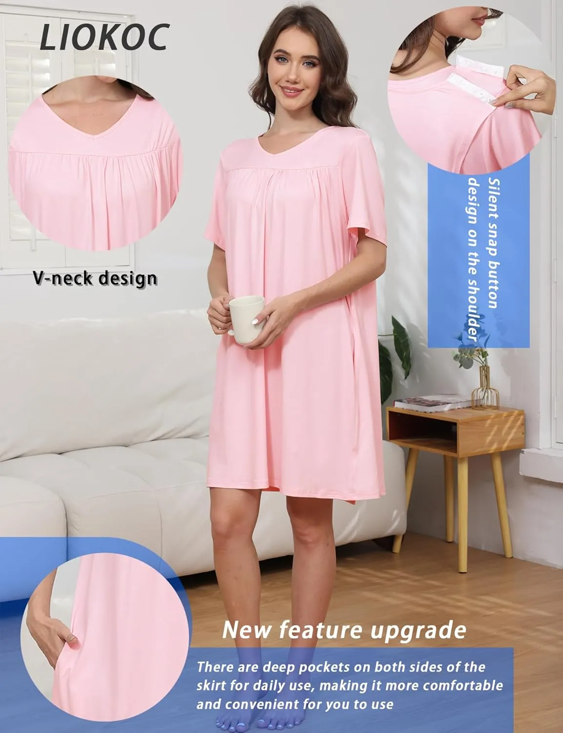 Hospital Gowns for Women Open Back Tear Away Snap Post shoulder Dress Short Sleeve Soft Adaptive Clothing with Pockets