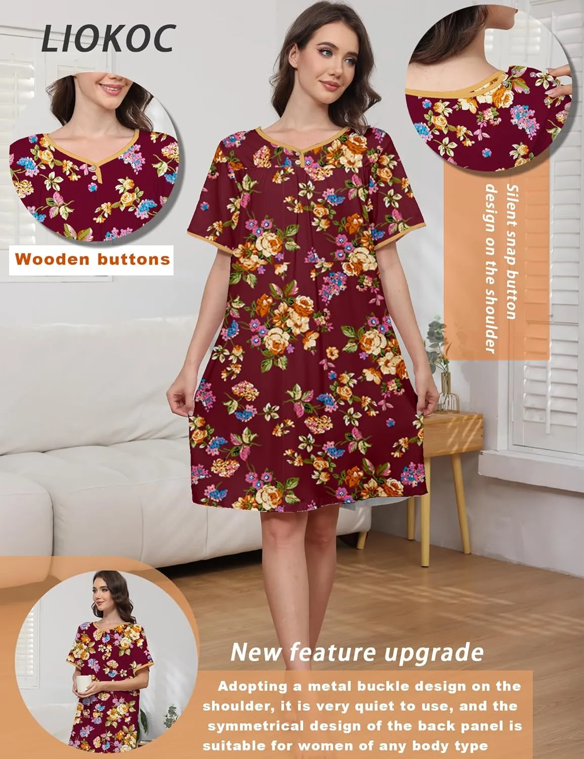 Hospital Gowns for Women Open Back Tear Away Snap Post Shoulder Surgery Short Sleeve Soft Cotton Adaptive Clothing