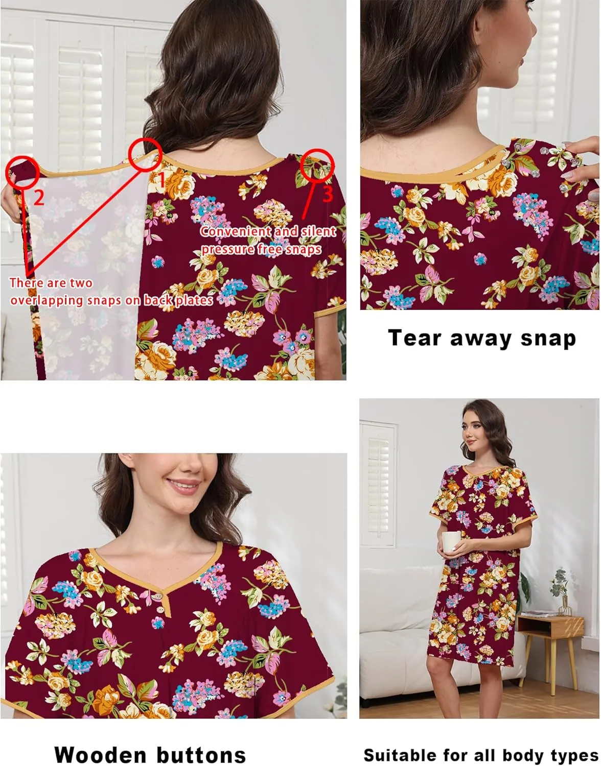 Hospital Gowns for Women Open Back Tear Away Snap Post Shoulder Surgery Short Sleeve Soft Cotton Adaptive Clothing