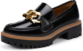 IDIFU IN2 Platform Loafers for Women Dressy with Metal Chain Slip On Low Chunky Block Lug Sole Heeled Penny Loafers Comfort Closed Round Toe Dress Shoes Office Work Business Casual Fall Loafers Shoes