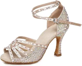 JUODVMP Women's Latin Dance Shoes Rhinestones Satin Ballroom Dancing Shoes Salsa Professional Dance Shoes