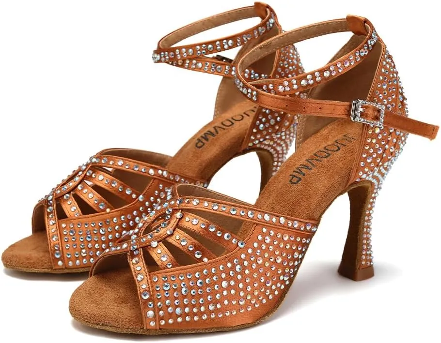 JUODVMP Women's Latin Dance Shoes Rhinestones Satin Ballroom Dancing Shoes Salsa Professional Dance Shoes