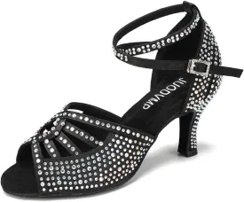 JUODVMP Women's Latin Dance Shoes Rhinestones Satin Ballroom Dancing Shoes Salsa Professional Dance Shoes