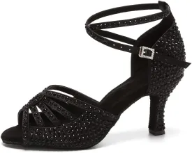JUODVMP Women's Latin Dance Shoes Rhinestones Satin Ballroom Dancing Shoes Salsa Professional Dance Shoes