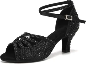 JUODVMP Women's Latin Dance Shoes Rhinestones Satin Ballroom Dancing Shoes Salsa Professional Dance Shoes