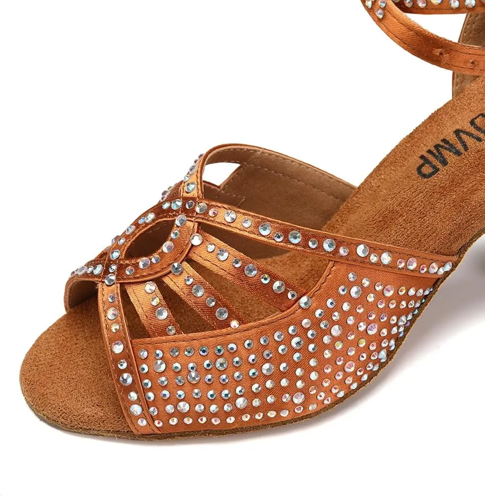 JUODVMP Women's Latin Dance Shoes Rhinestones Satin Ballroom Dancing Shoes Salsa Professional Dance Shoes