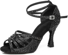 JUODVMP Women's Latin Dance Shoes Rhinestones Satin Ballroom Dancing Shoes Salsa Professional Dance Shoes