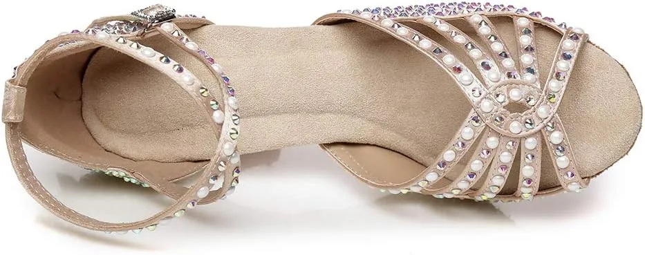 JUODVMP Women's Latin Dance Shoes Rhinestones Satin Ballroom Dancing Shoes Salsa Professional Dance Shoes