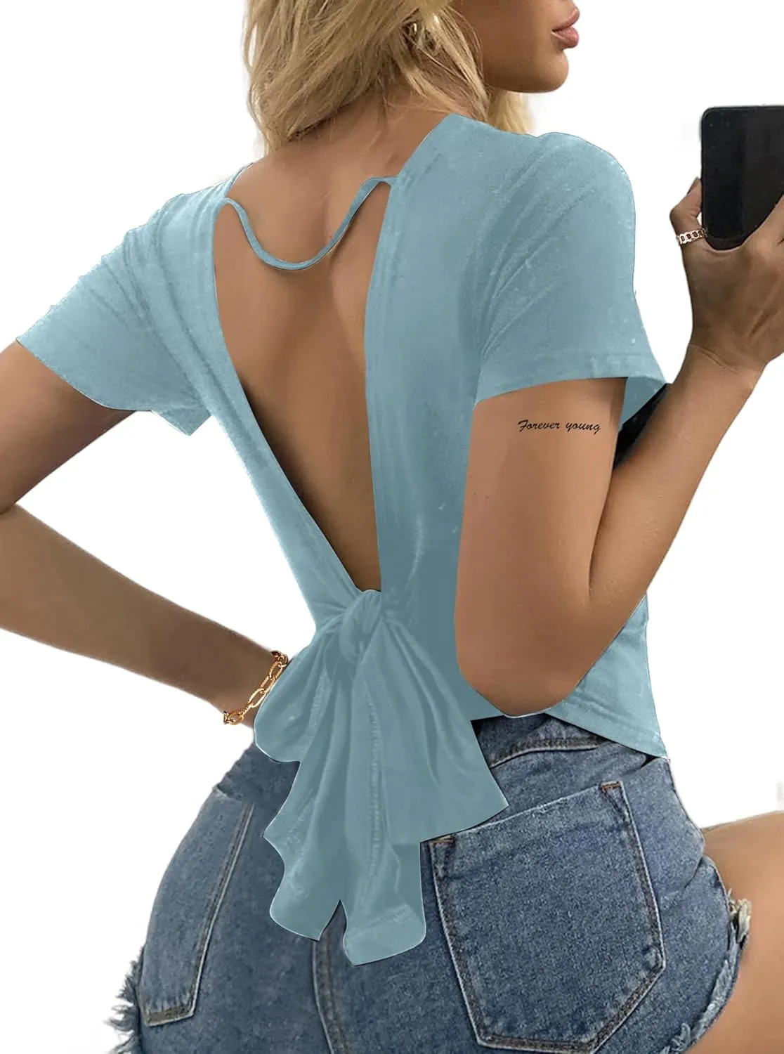 LilyCoco Backless Tops for Women Short Sleeve Sexy Crew Neck Tie Back Plain Shirt