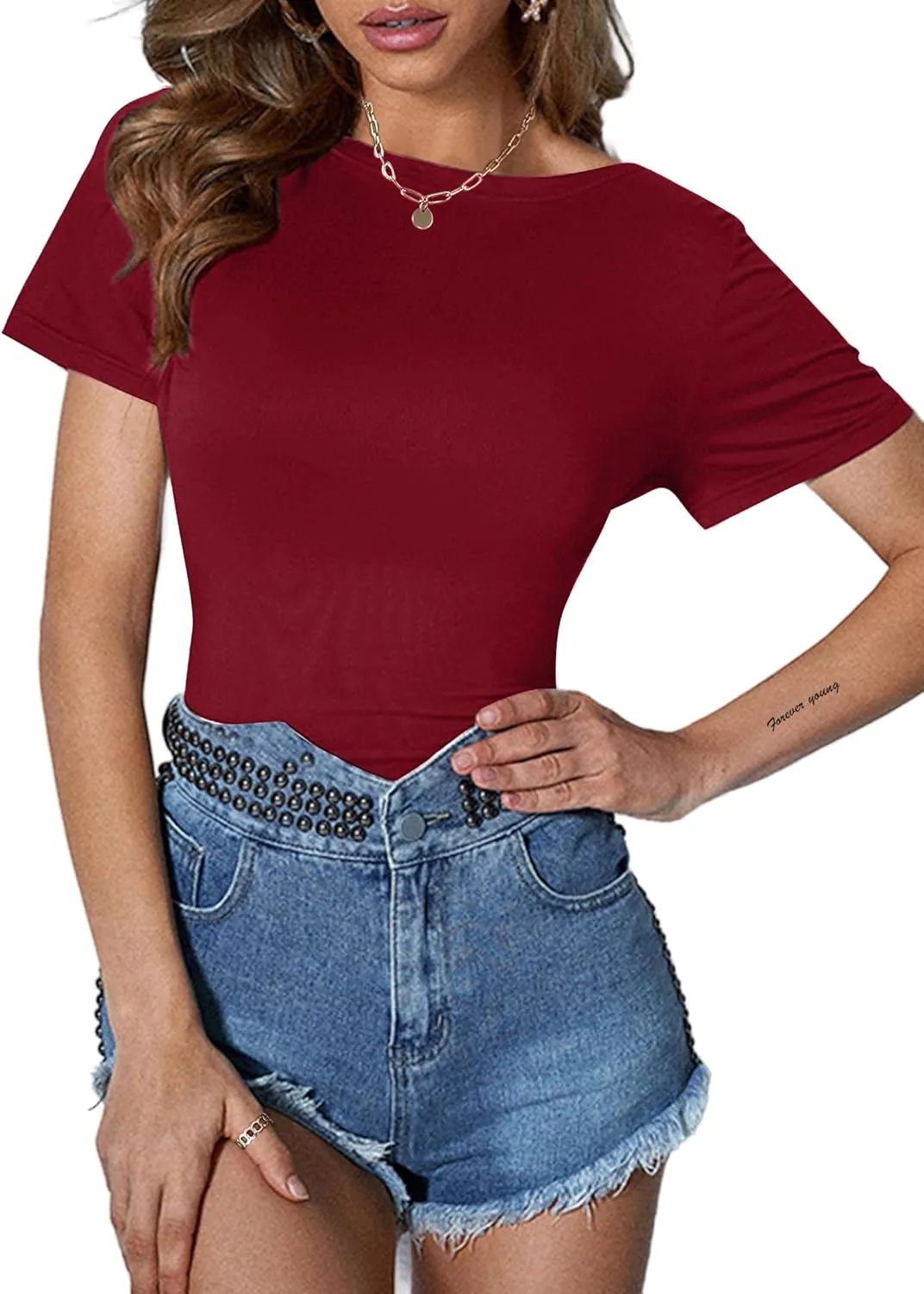 LilyCoco Backless Tops for Women Short Sleeve Sexy Crew Neck Tie Back Plain Shirt