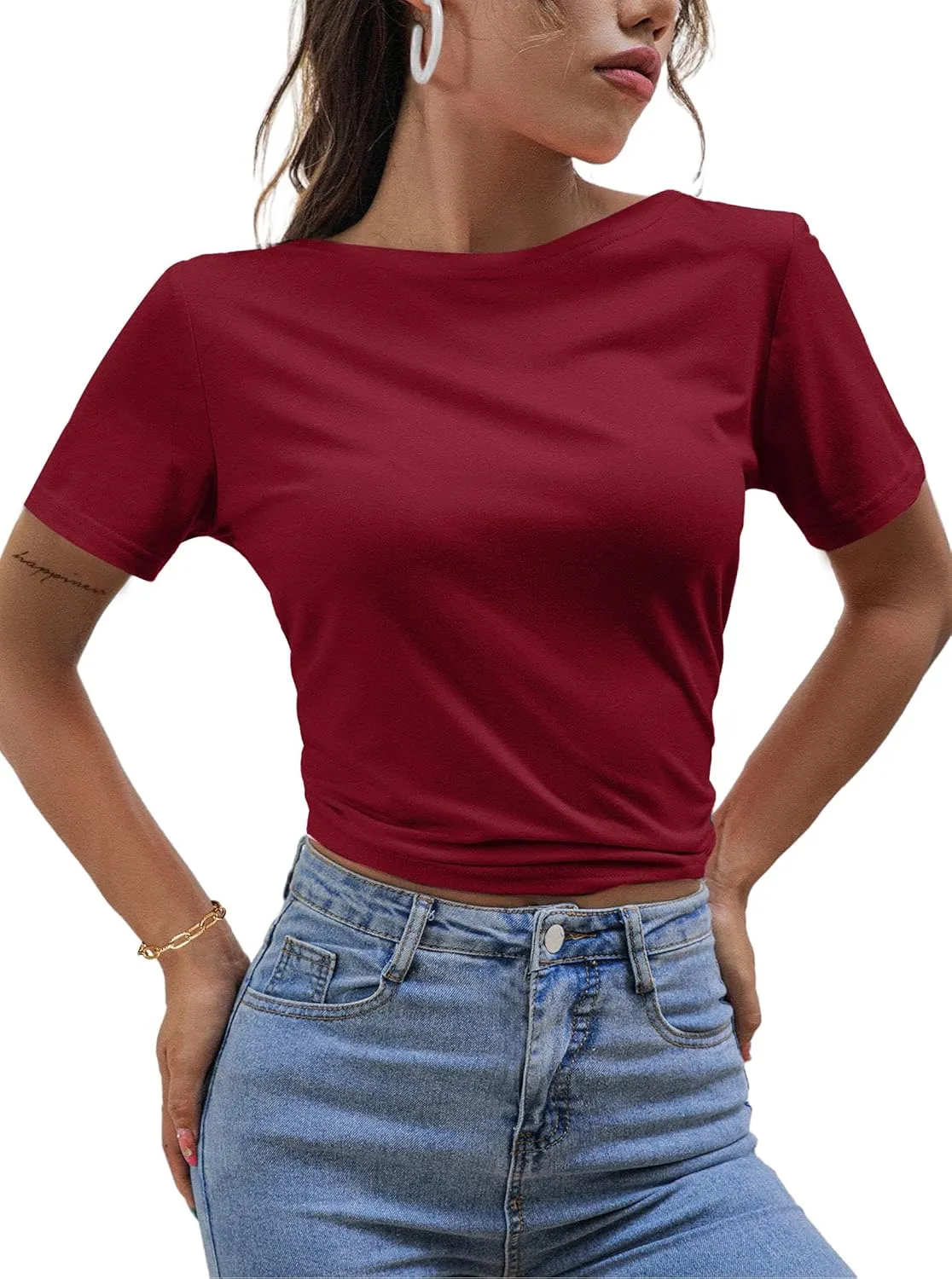 LilyCoco Backless Tops for Women Short Sleeve Sexy Crew Neck Tie Back Plain Shirt