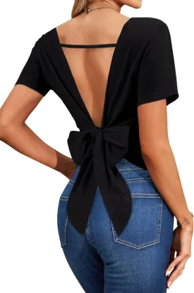 LilyCoco Backless Tops for Women Short Sleeve Sexy Crew Neck Tie Back Plain Shirt