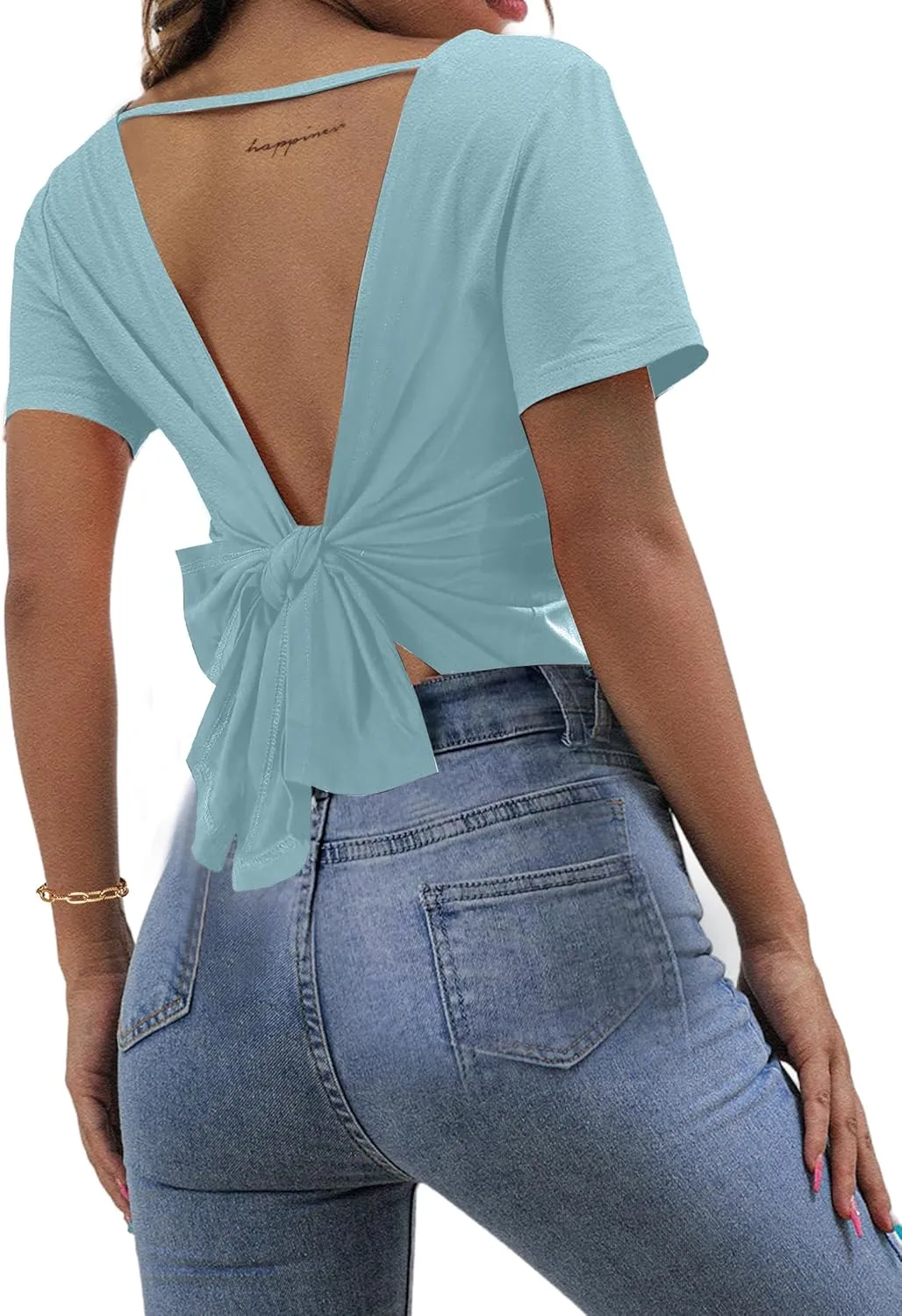 LilyCoco Backless Tops for Women Short Sleeve Sexy Crew Neck Tie Back Plain Shirt