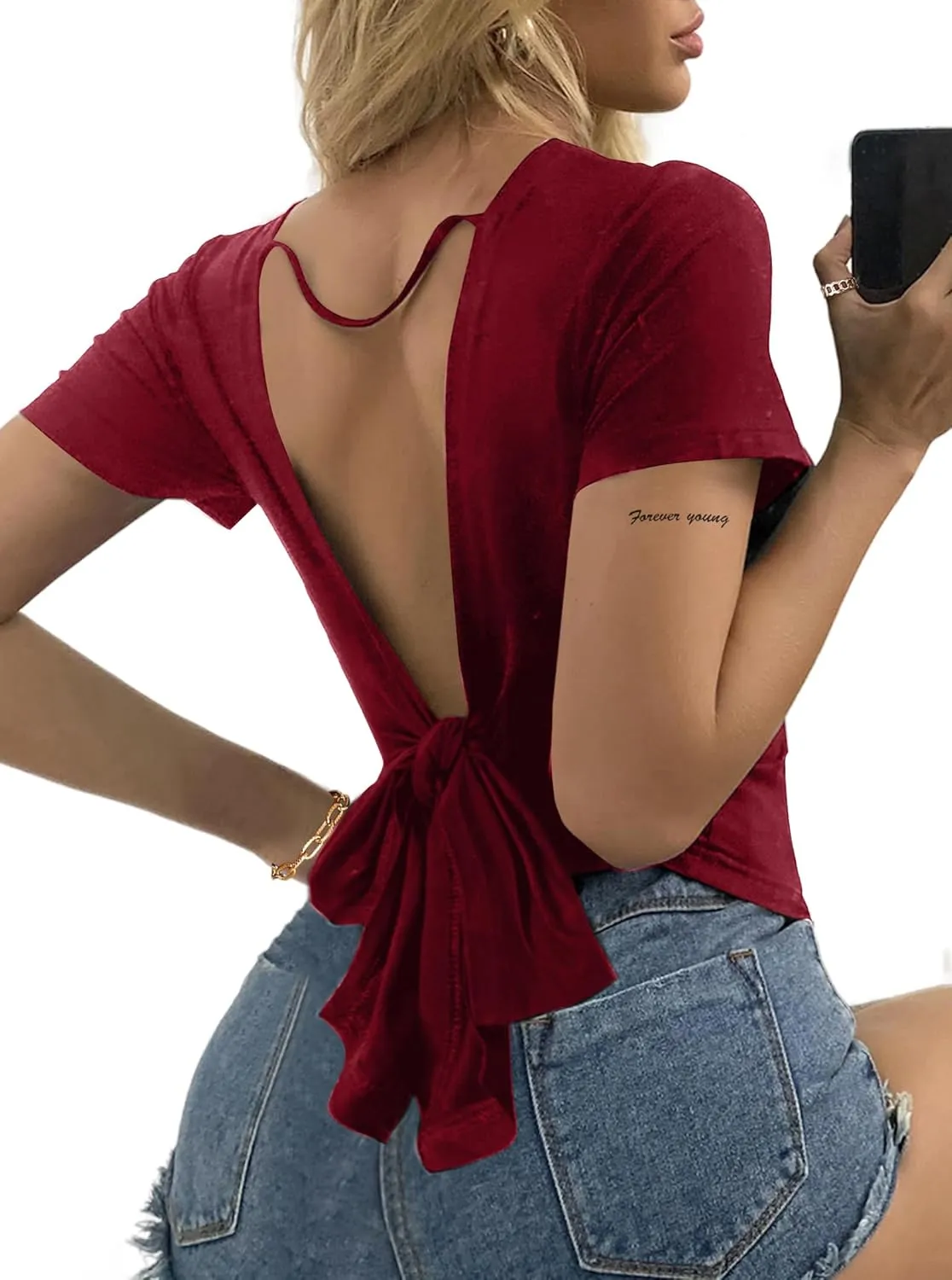 LilyCoco Backless Tops for Women Short Sleeve Sexy Crew Neck Tie Back Plain Shirt